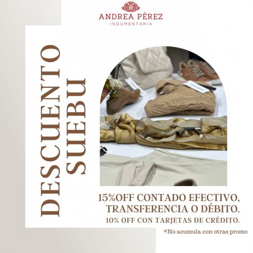 15 % de descuento contado efectivo, transferencia o débito y 10% con tarjeta de crédito.